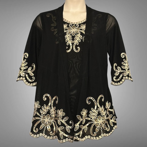 Evening Cocktail Womens Top XXL Black Gold Floral Embellished Sheer Whimsigoth‎ - Picture 1 of 10